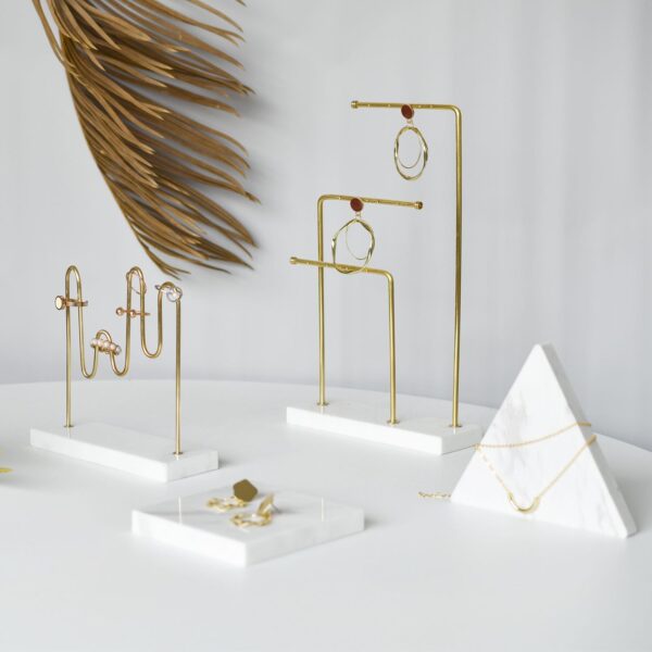Marble & Brass Jewelry Display Collection | Modern Geometric Ring Stand & Earring Holder