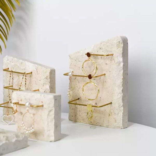 Limestone Earring Display Stand with Brass Rods | Natural Stone Jewelry Organizer