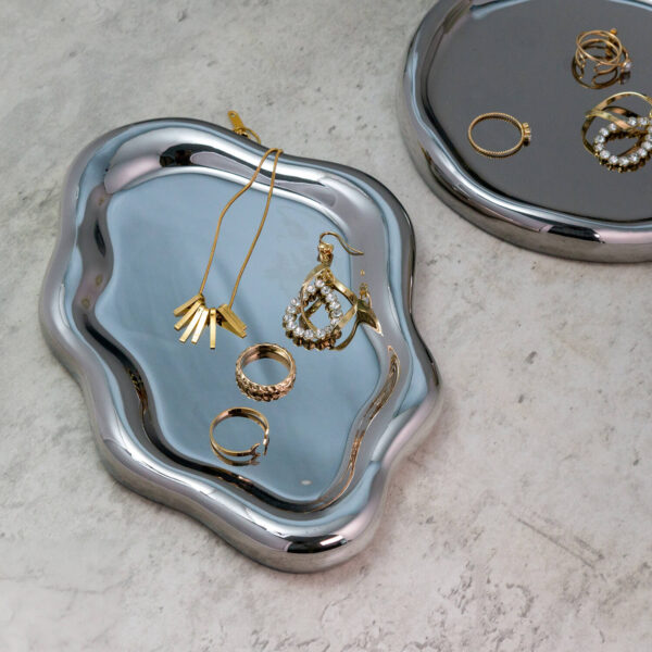 Metallic Silver Jewelry Display Set | Irregular Ring Dish & Necklace Holder