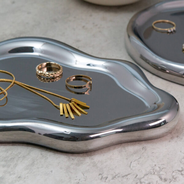 Metallic Silver Jewelry Display Set | Irregular Ring Dish & Necklace Holder