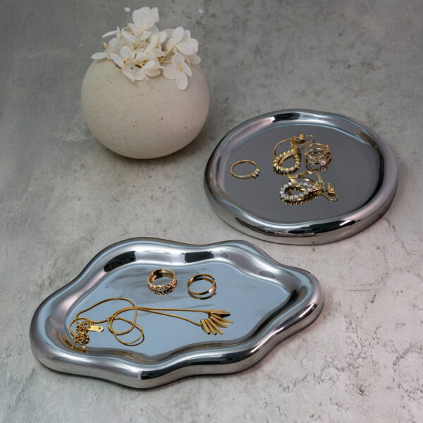 Metallic Silver Jewelry Display Set | Irregular Ring Dish & Necklace Holder