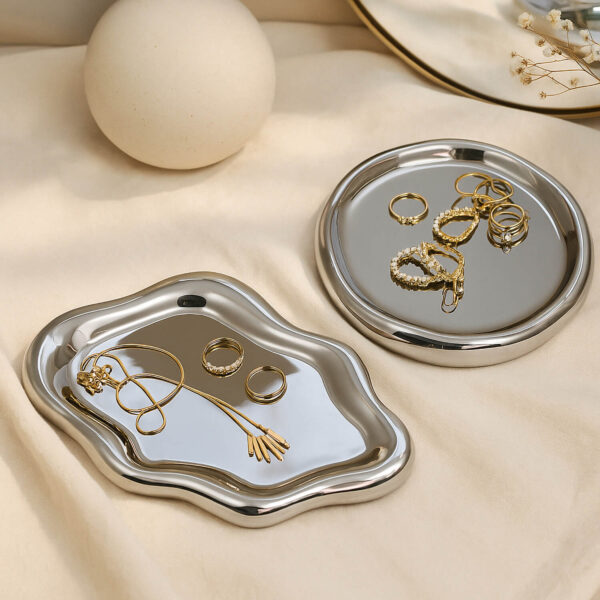 Metallic Silver Jewelry Display Set | Irregular Ring Dish & Necklace Holder